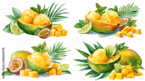 Bright watercolor mango sorbet scoops served in fruit halves with lime, passionfruit, mint, and tropical leaves. Fresh summer dessert clipart for menus and recipes.