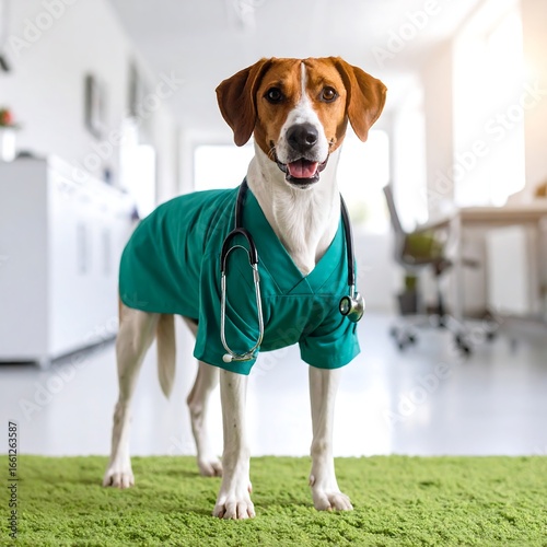 Dog in a teal scrubs uniform