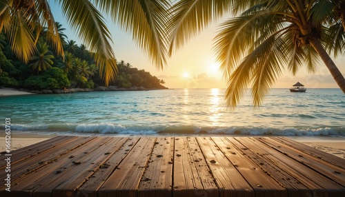 Wooden table top with background tropical beach