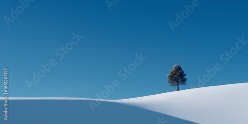Minimalist winter landscape with a single lone pine tree on a snow-covered hill against clear blue sky, 70% negative space, sharp contrast of white and blue tones