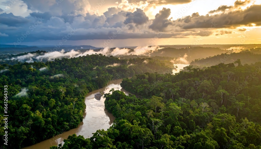 Obraz premium River Flowing Through Lush Green Forest at Sunset Aerial View