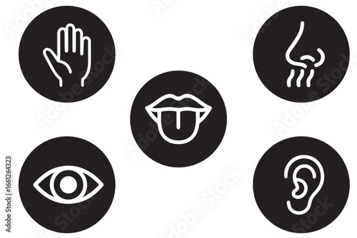 Five human senses editable stroke outline icons set isolated on white background flat vector illustration.