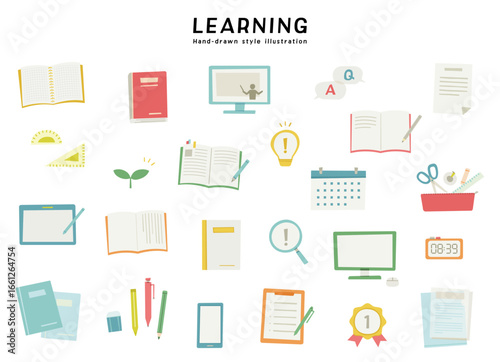 学習　教育　学び　学校　勉強　手描き風　イラスト　セット　学業　成長　ノート　タブレット　文房具