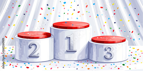 Celebratory Podium with Confetti and Red Tops