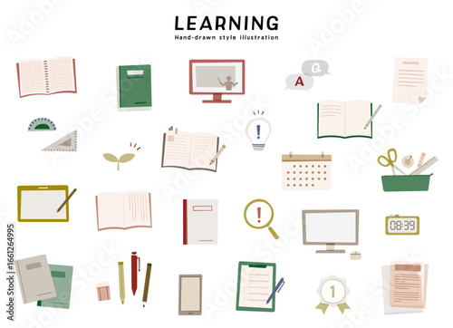 学習　教育　学び　学校　勉強　手描き風　イラスト　セット　学業　成長　ノート　タブレット　文房具