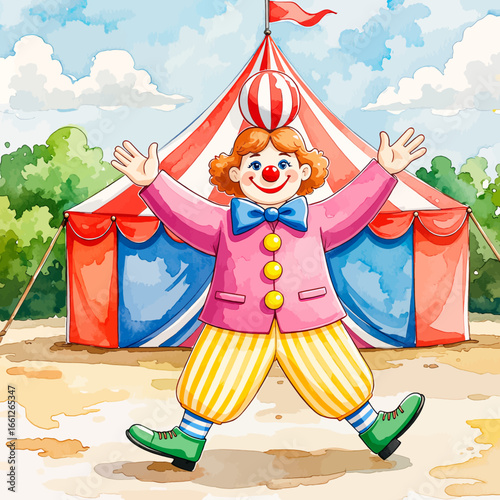 Clown Celebrating at Colorful Circus Tent in Summer