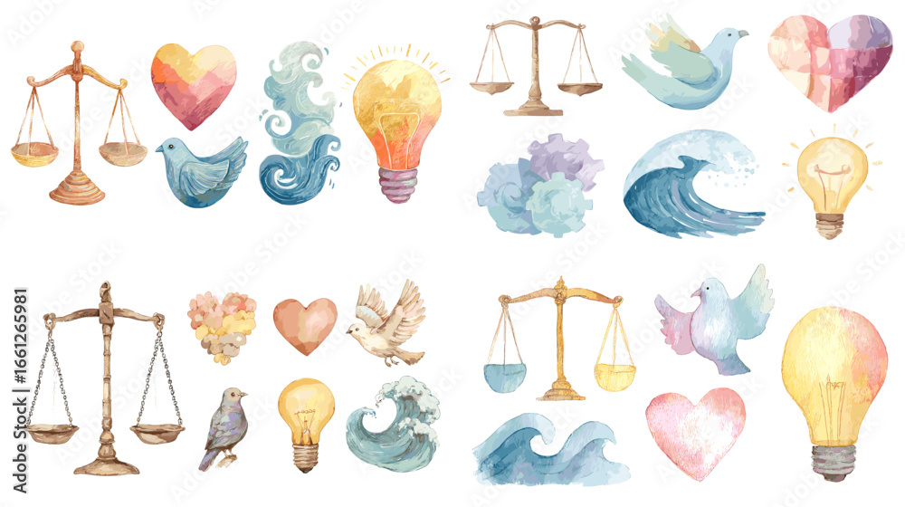 Fototapeta premium Soft watercolor symbols of balance, peace, and ideas: justice scales, hearts, doves, ocean waves, and light bulbs. Gentle conceptual clipart for mindfulness, ethics, and wellness themes.