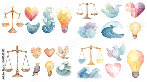 Soft watercolor symbols of balance, peace, and ideas: justice scales, hearts, doves, ocean waves, and light bulbs. Gentle conceptual clipart for mindfulness, ethics, and wellness themes.