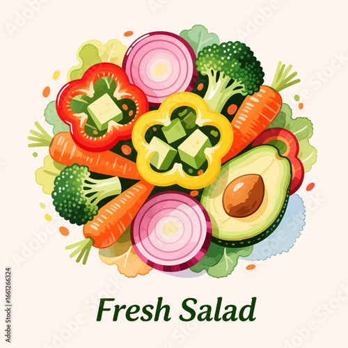 Colorful Fresh Salad with Avocado, Carrots, Bell Peppers, and Broccoli