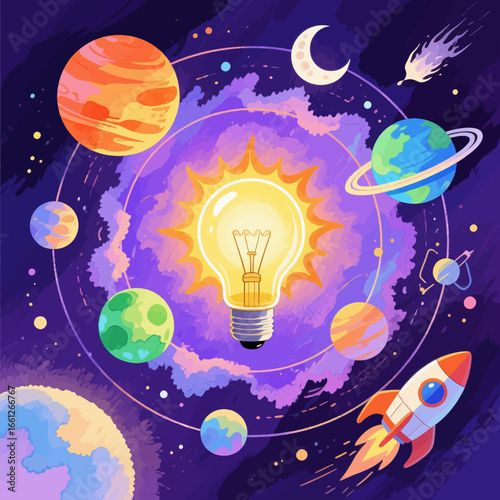 Cosmic Inspiration: Planets and Rocket in Space with Light Bulb