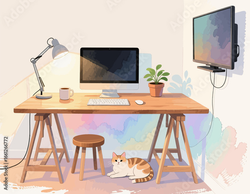 Cozy Home Office with Cat and Pastel Colors