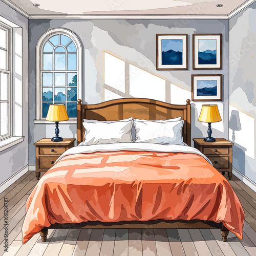 Cozy Bedroom with Warm Orange Bedding and Soft Morning Light