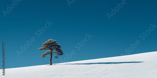 Minimalist winter landscape with a single lone pine tree on a snow-covered hill against clear blue sky, 70% negative space, sharp contrast of white and blue tones
