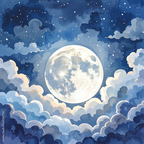 Dreamy Night Sky with Full Moon and Whimsical Clouds