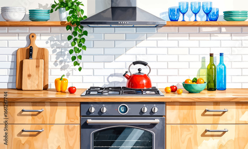 Cozy Kitchen with Wood Counters and Red Kettle