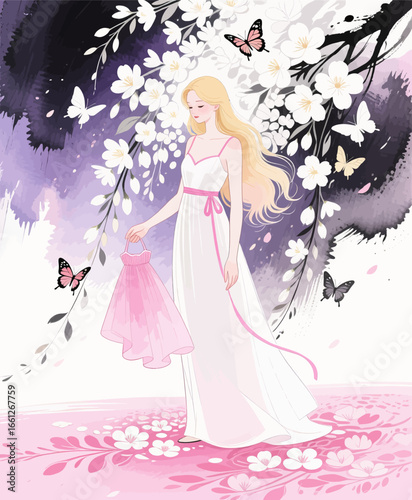 Dreamy Girl in White Dress with Butterflies and Blossoms