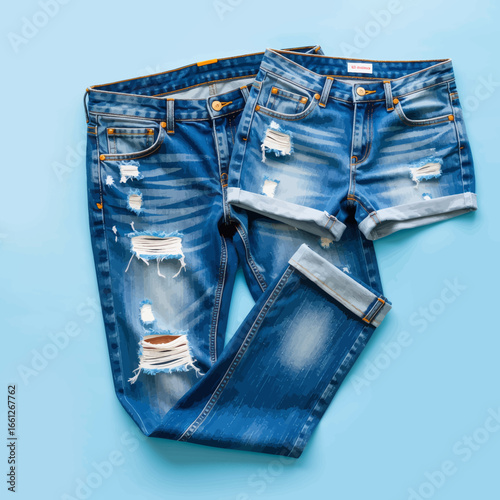 Distressed Denim Collection on Pastel Blue Background
