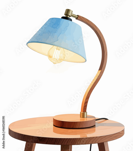 Elegant Wooden Table Lamp with Blue Shade and Warm Light