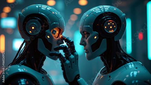 Futuristic Robots Sharing an Intimate Moment in a Neon-Lit City