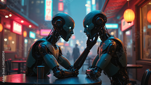 Futuristic Robots Sharing an Intimate Moment in a Neon-Lit City