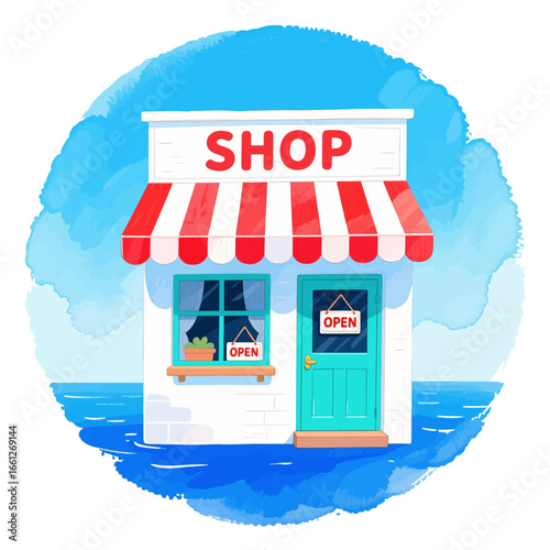 Flooded Shop Front with Open Signs in Stormy Weather