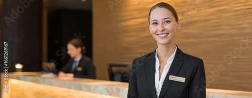 The Receptionist at a Welcoming Hotel Front Desk with Warm Glow