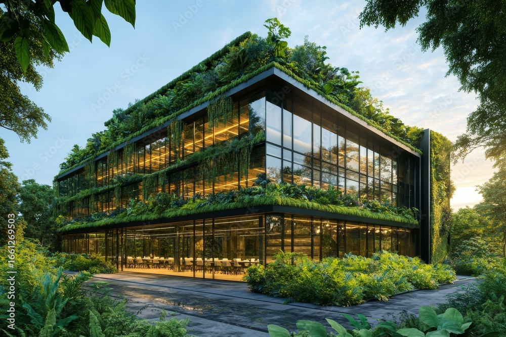 Obraz premium Environmentally conscious office building made of eco-friendly glass with integrated green spaces and sustainable architectural design