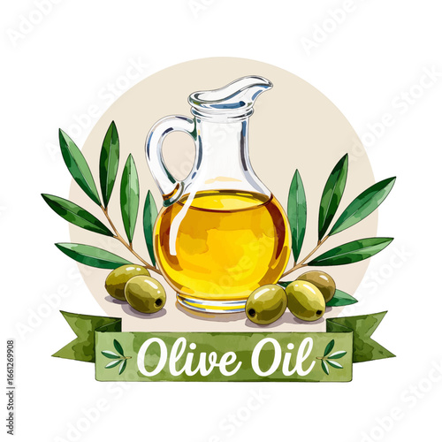 Golden Olive Oil in Glass Jug with Fresh Olives and Leaves