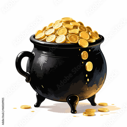 Golden Pot Overflowing with Coins, Wealth and Prosperity