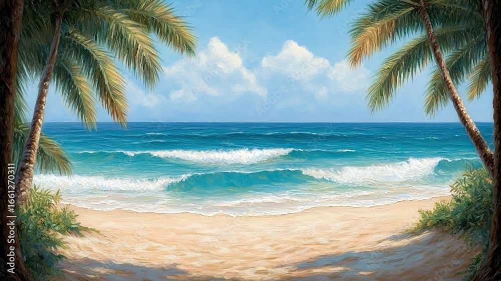Obraz premium A serene beach scene captures vibrant blue waves lapping against a sandy shore, framed by lush palm trees under a bright sky, Ideal for travel blogs, vacation brochures, or relaxation themes,