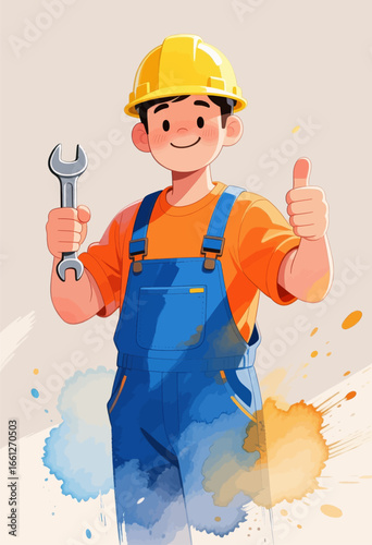 Happy Construction Worker with Wrench and Thumbs Up