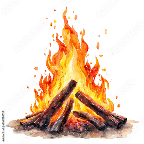a vibrant watercolor painting depicts a crackling campfire with glowing orange and yellow flames rising from a pile of dark brown logs on a textured ground.