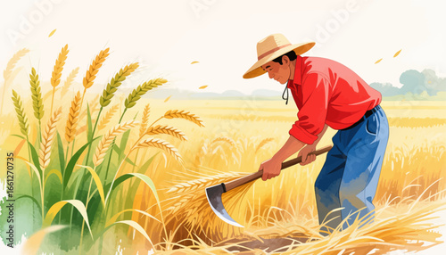 Harvesting Wheat Farmer in Golden Field