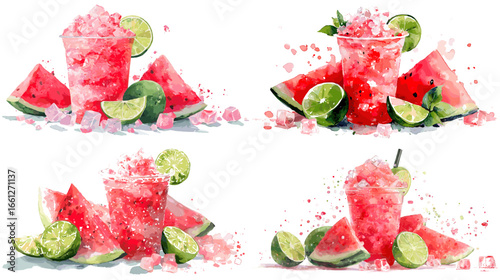 Refreshing watermelon and lime slush mocktails with crushed ice and juicy slices, painted in bright watercolor splashes. Perfect summer drink clipart for menus, parties, and socials.