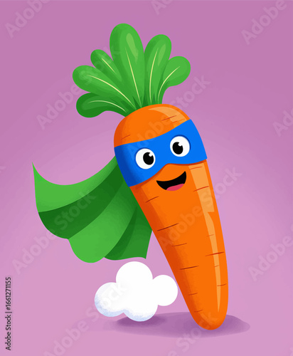 Heroic Carrot in Flight with Green Cape and Blue Mask