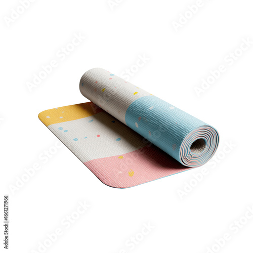 Rolled Up Colorful Yoga Mat with Pastel Stripes and Confetti Pattern