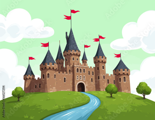 Majestic Castle on Hill with Red Flags and Serene River