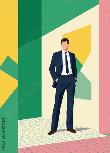 Modern Businessman in Colorful Geometric Alley