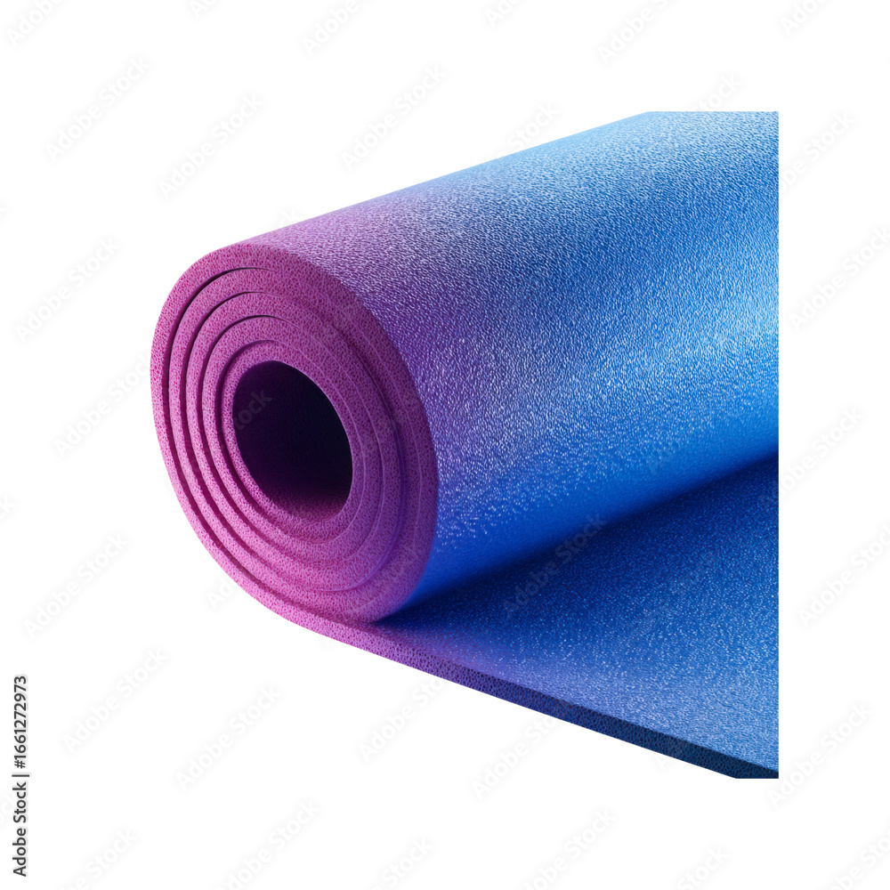 Obraz premium Rolled-up Purple and Blue Exercise Mat - Fitness Equipment Close-up