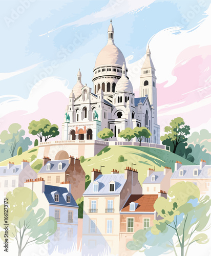 Pastel Parisian Skyline with Sacr?-C?ur Basilica and Spring Trees