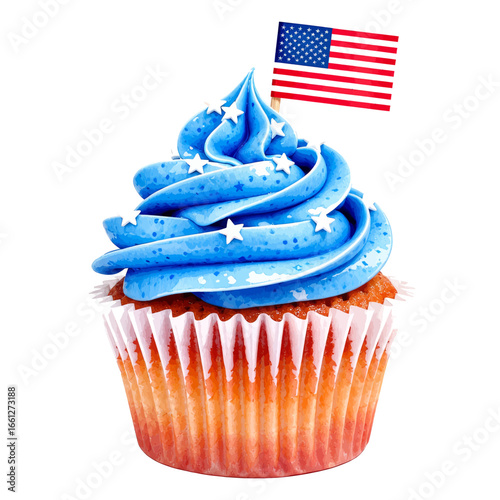 Patriotic Cupcake with Blue Frosting and American Flag