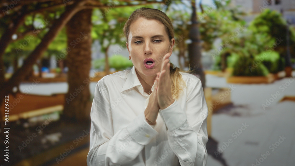Fototapeta premium Woman feeling cold in a green park wearing a white shirt, with blonde hair, outdoors on a clear day, capturing a moment of chill in nature.