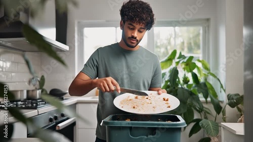 Young man scraping leftover food into trash bin, concept of food waste, kitchen environment, sustainability issue, discarded meal, wasted resources, awareness about consumption, modern household.