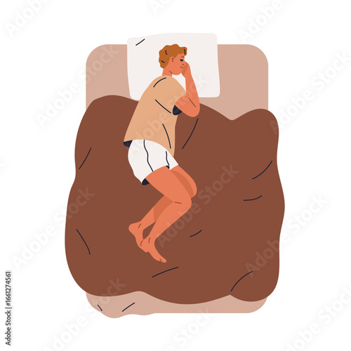 Man sleeping alone in bed, lying on side with pillow, top view. Person asleep...