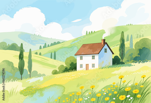 Serene Countryside Cottage in Blooming Meadow Under Clear Sky