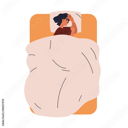 Girl asleep in bed. Young woman sleeping under blanket, top view. Comfortable night rest with pillows and duvet. Female dreaming on mattress. Flat vector illustration isolated on white background