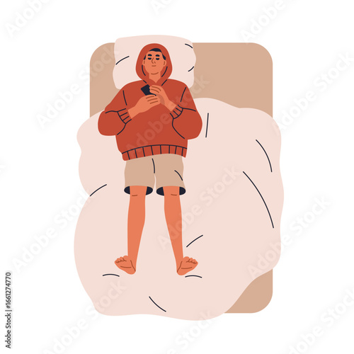 Man sleeping alone in bed with phone, lying on back in hoodie. Male asleep on pillow top view. Person napping, reposing, dreaming with smartphone. Flat vector illustration isolated on white background