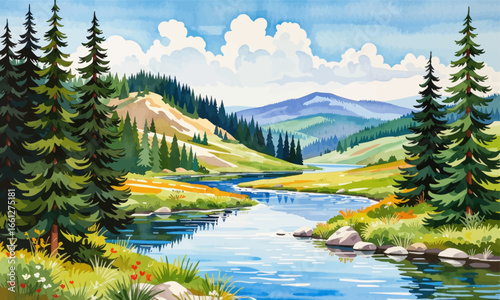 Serene Mountain River in Autumnal Forest