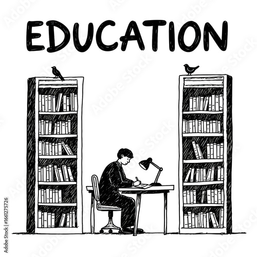 Student Studying in Library with Bookshelves and Birds