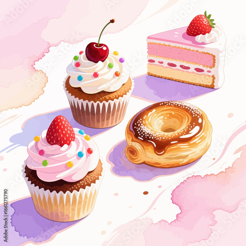 Sweet Indulgence: Cupcakes, Cake, and Donut on Pastel Background